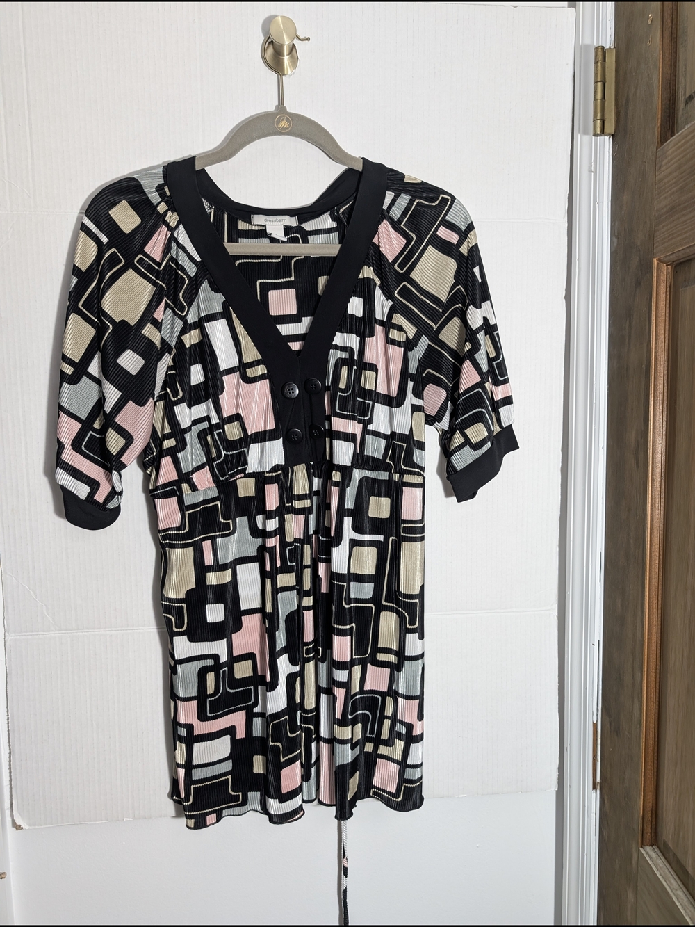 Dressbarn XL Geometric Print V-Neck Empire Waist Tunic Shirt - Black & Pastel